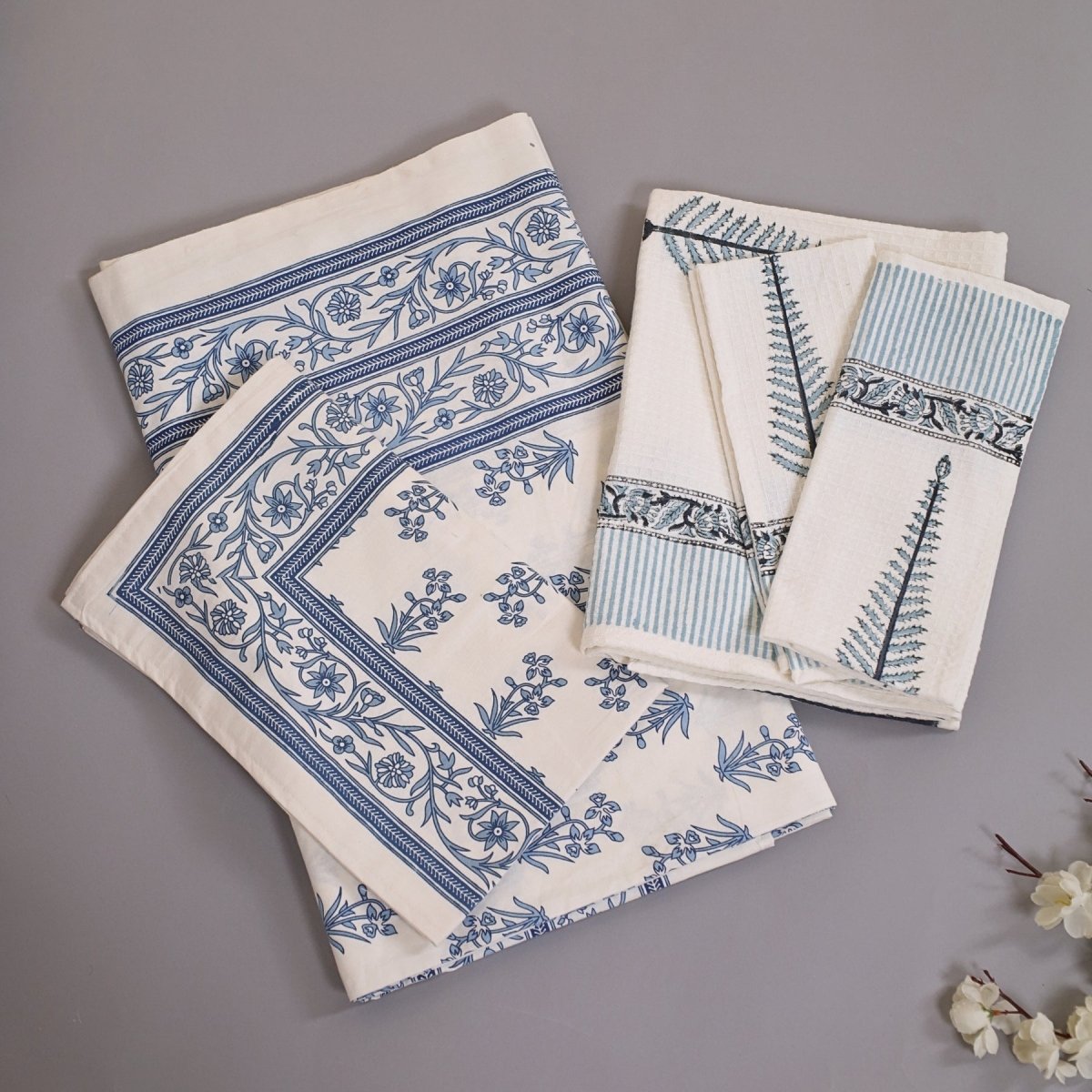 Pure Cotton Bedsheets and Towel Gifting Set| White and Blue Floral Pattern | Handmade In India