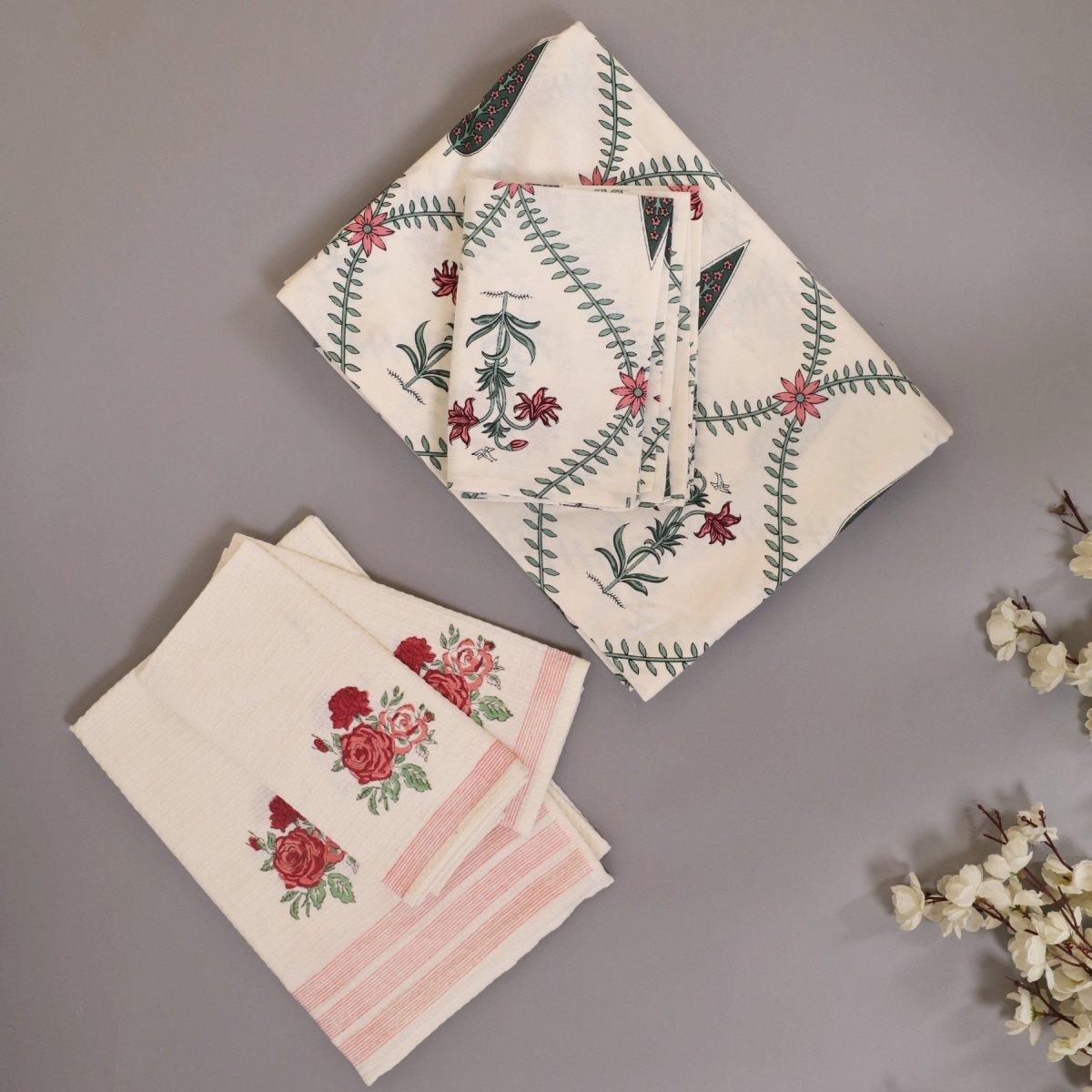 Pure Cotton Bedsheets & Towel Gifting Set| Gifts for Him | White & Pink Floral Pattern | Rakshabandhan Gift | Handmade In India
