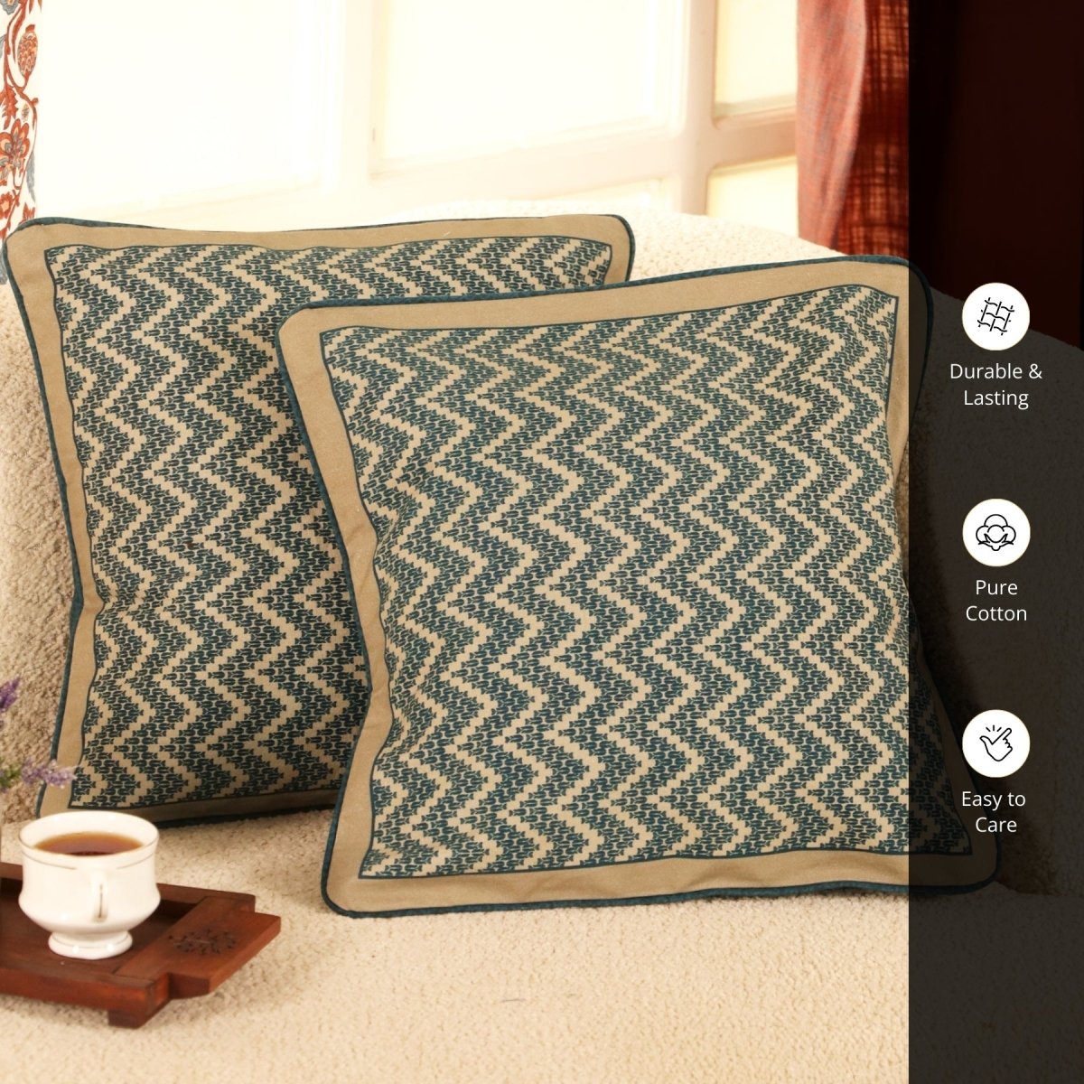 Pure Cotton Cushion Cover 16 inch x 16 inch for living room sofa or bed room | Chevron print in Ivory and Navy Blue | Gentle Machine Wash or Hand Wash | Chintz Collection