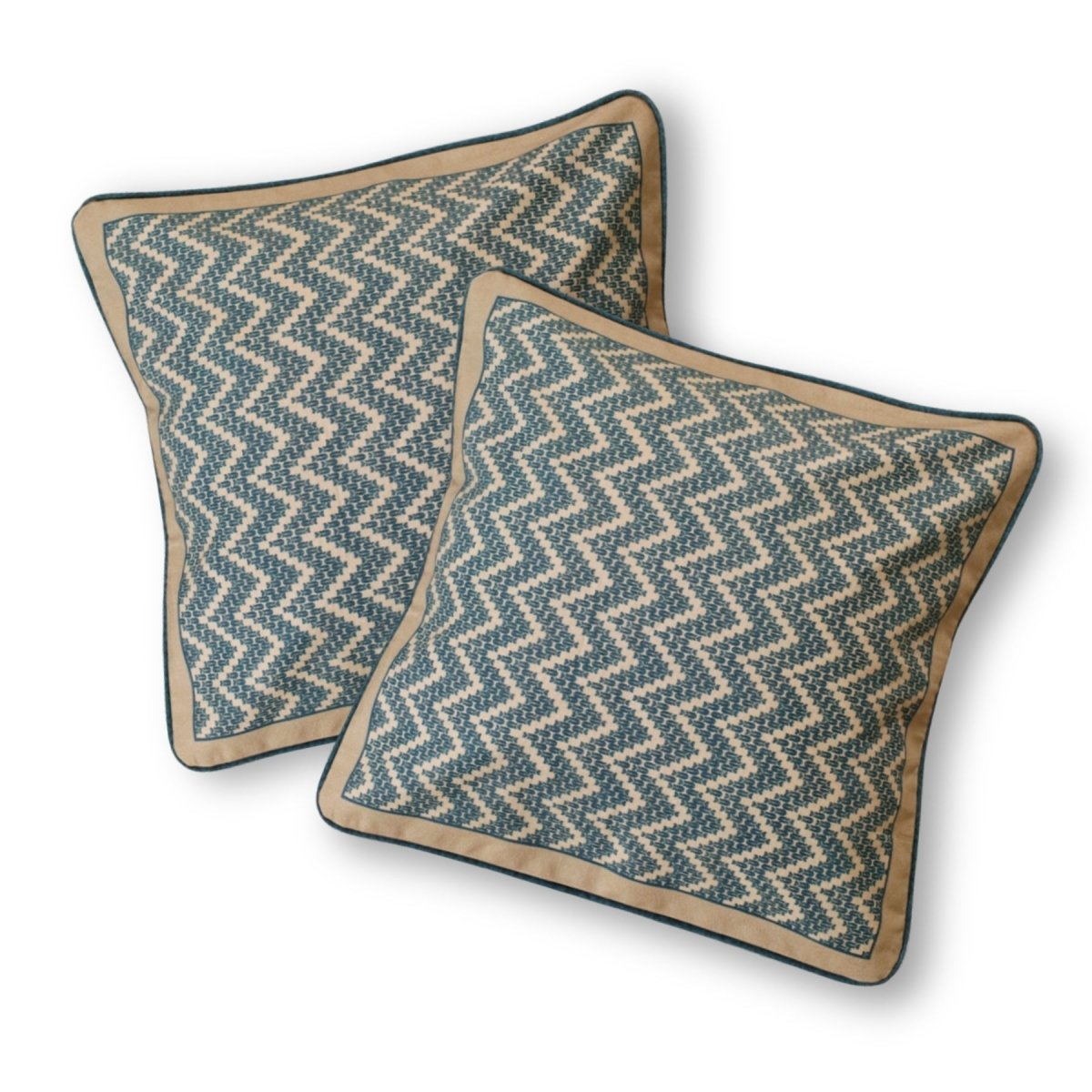 Pure Cotton Cushion Cover 16 inch x 16 inch for living room sofa or bed room | Chevron print in Ivory and Navy Blue | Gentle Machine Wash or Hand Wash | Chintz Collection
