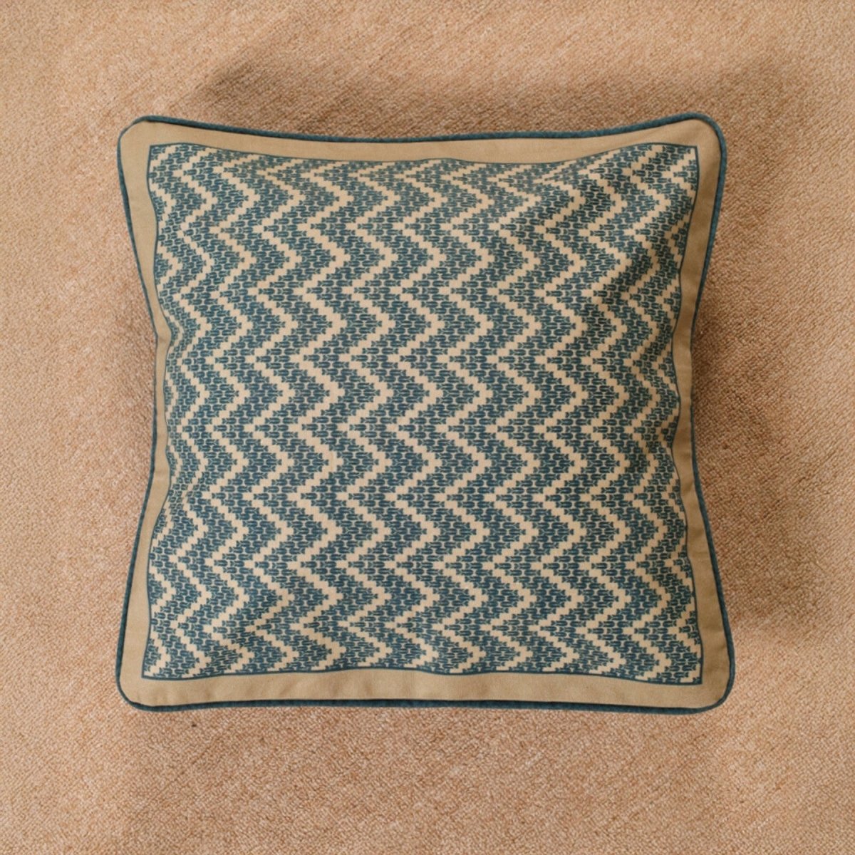 Pure Cotton Cushion Cover 16 inch x 16 inch for living room sofa or bed room | Chevron print in Ivory and Navy Blue | Gentle Machine Wash or Hand Wash | Chintz Collection