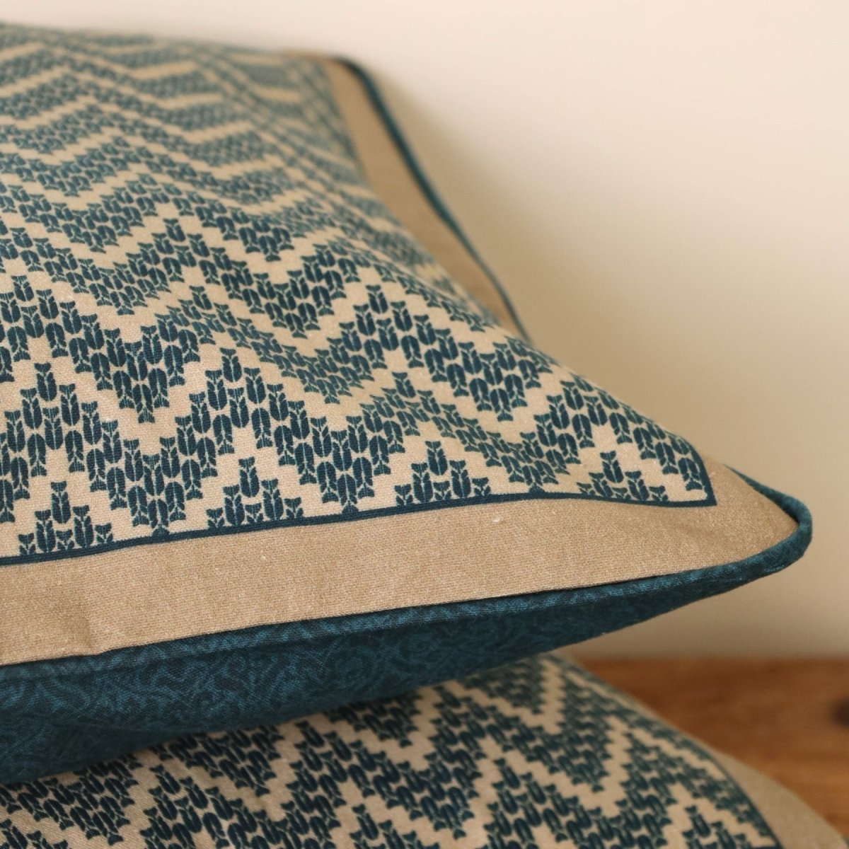 Pure Cotton Cushion Cover 16 inch x 16 inch for living room sofa or bed room | Chevron print in Ivory and Navy Blue | Gentle Machine Wash or Hand Wash | Chintz Collection