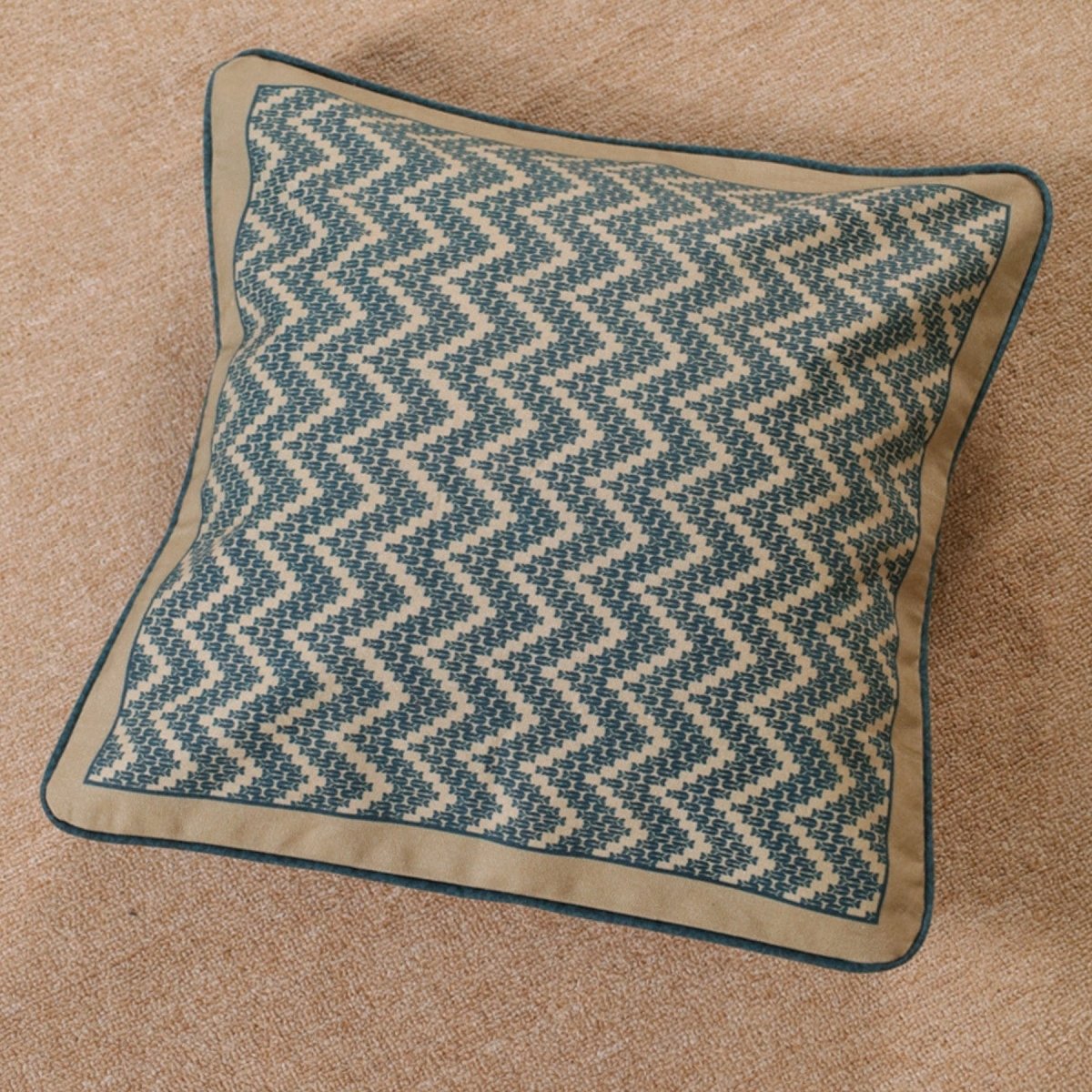 Pure Cotton Cushion Cover 16 inch x 16 inch for living room sofa or bed room | Chevron print in Ivory and Navy Blue | Gentle Machine Wash or Hand Wash | Chintz Collection