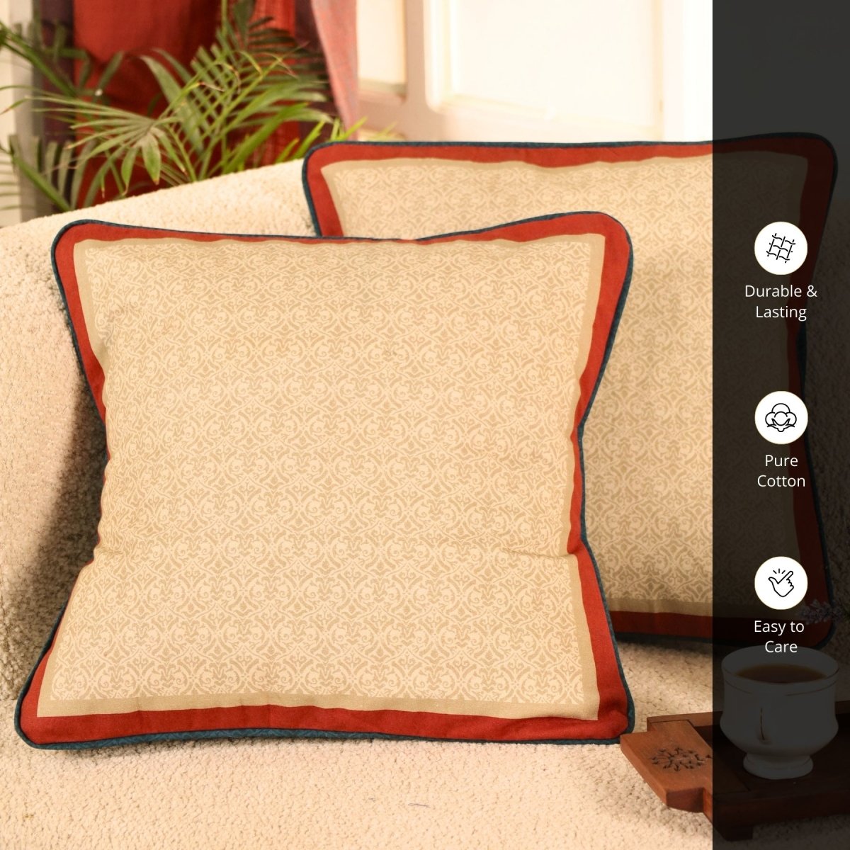 Pure Cotton Cushion Cover 16 inch x 16 inch for living room sofa or bed room | Ivory| Maroon and Navy Blue Colour| Gentle Machine Wash or Hand Wash | Chintz Collection