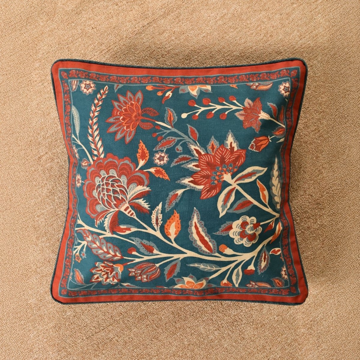 Pure Cotton Cushion Cover 16 inch x 16 inch for living room sofa or bed room | Navy Blue | Maroon and Ivory Colour | Gentle Machine or Hand Wash | Chintz Collection
