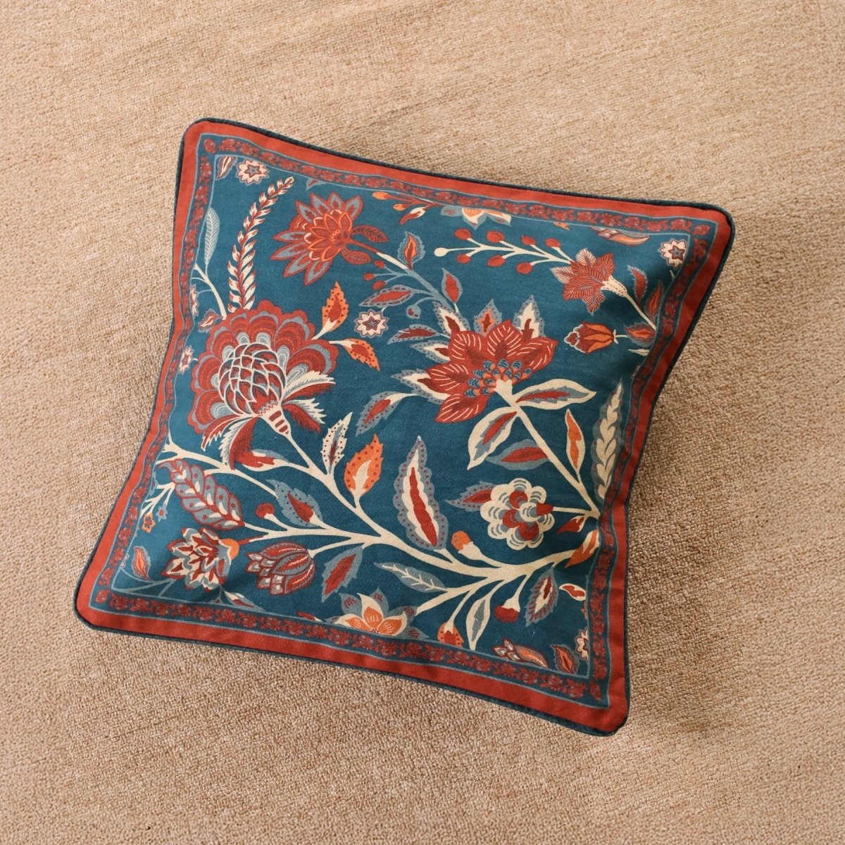 Pure Cotton Cushion Cover 16 inch x 16 inch for living room sofa or bed room | Navy Blue | Maroon and Ivory Colour | Gentle Machine or Hand Wash | Chintz Collection