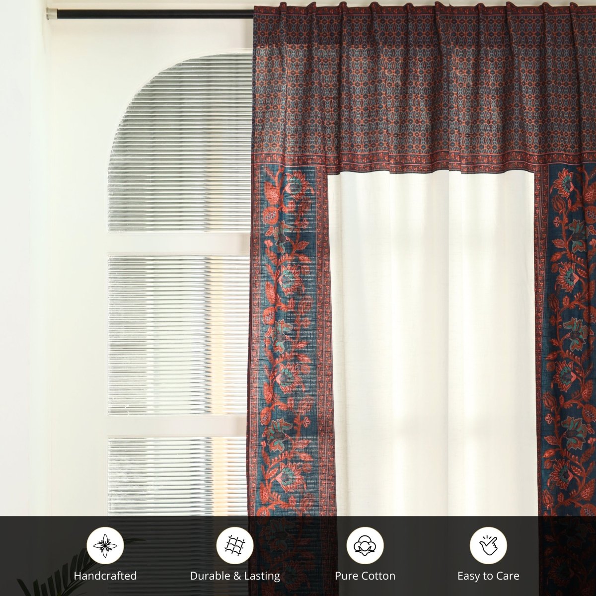 Pure Cotton Door Curtain in 7ft | Ivory Maroon and Navy Blue | Gentle Machine Wash or Hand Wash | Chintz Collection