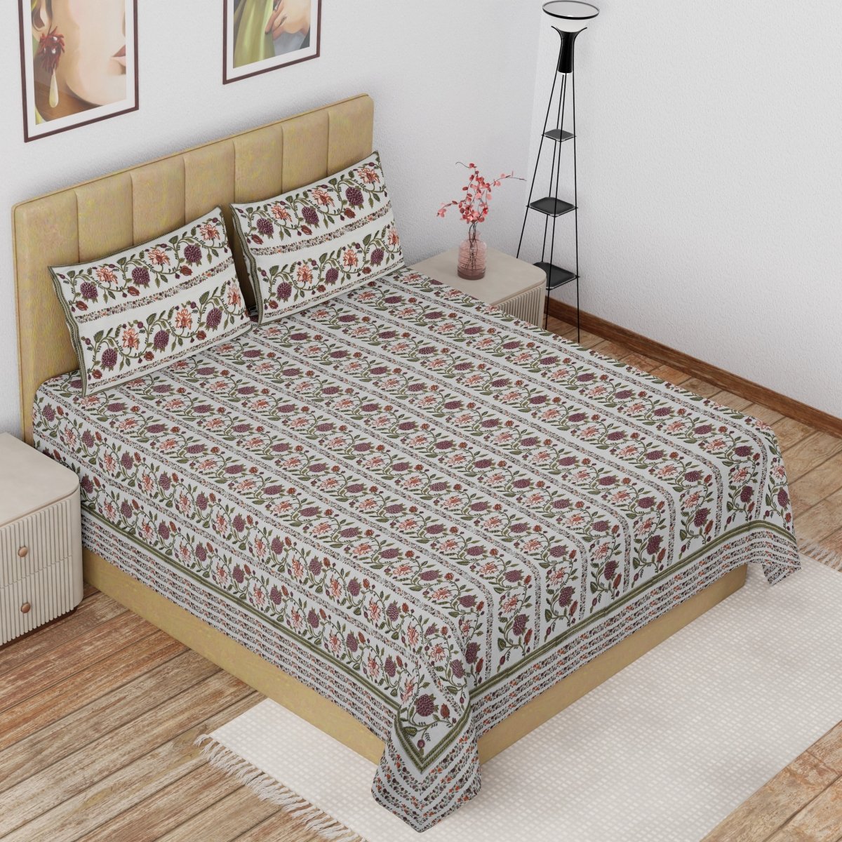 side angle view of Pure Cotton Double Bed Sheet Set with 2 Pillow Covers placed in a room | Hand Printed Floral Vine Pattern
