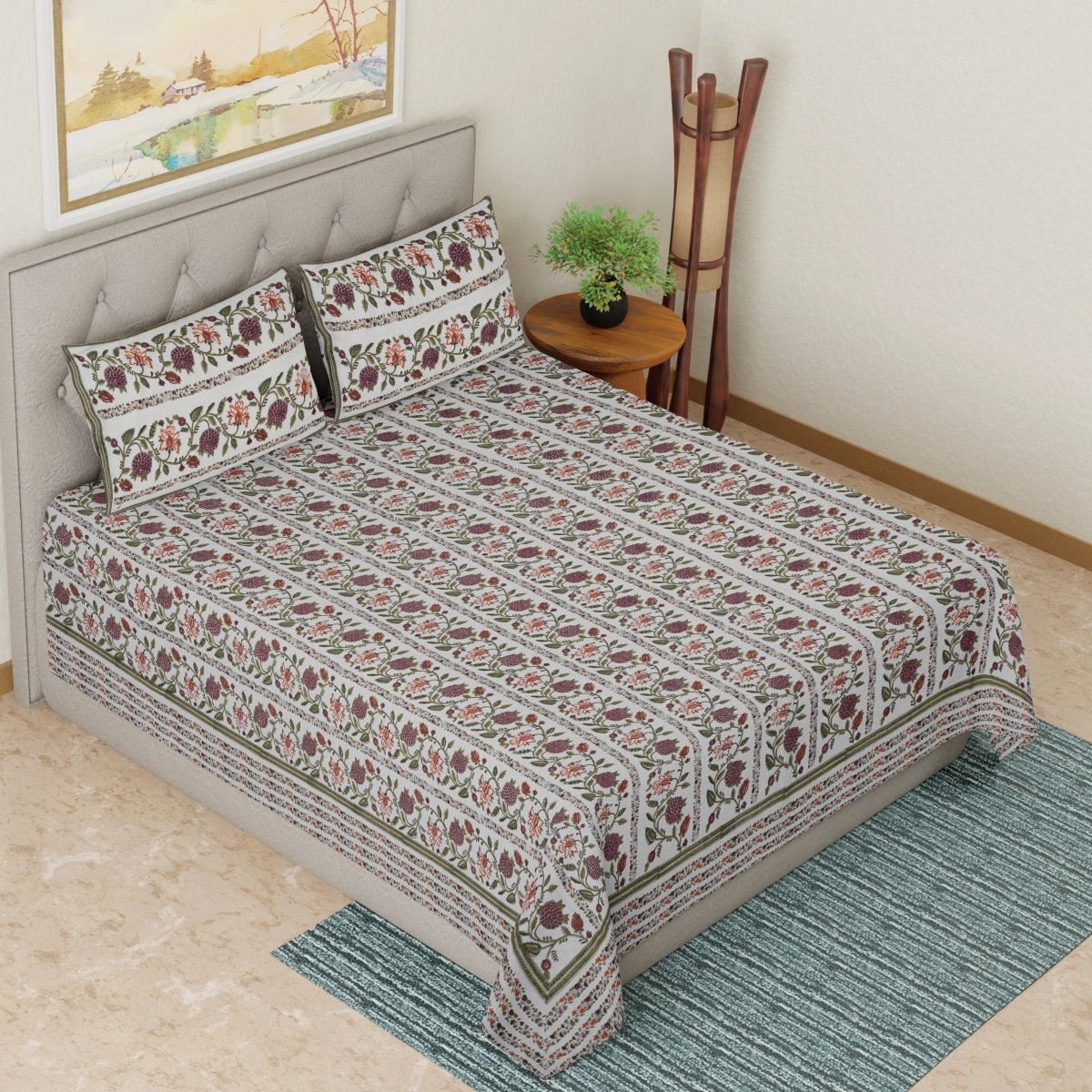 Hand Printed Floral Vine Patterned bed sheet with set of 2 pillow covers