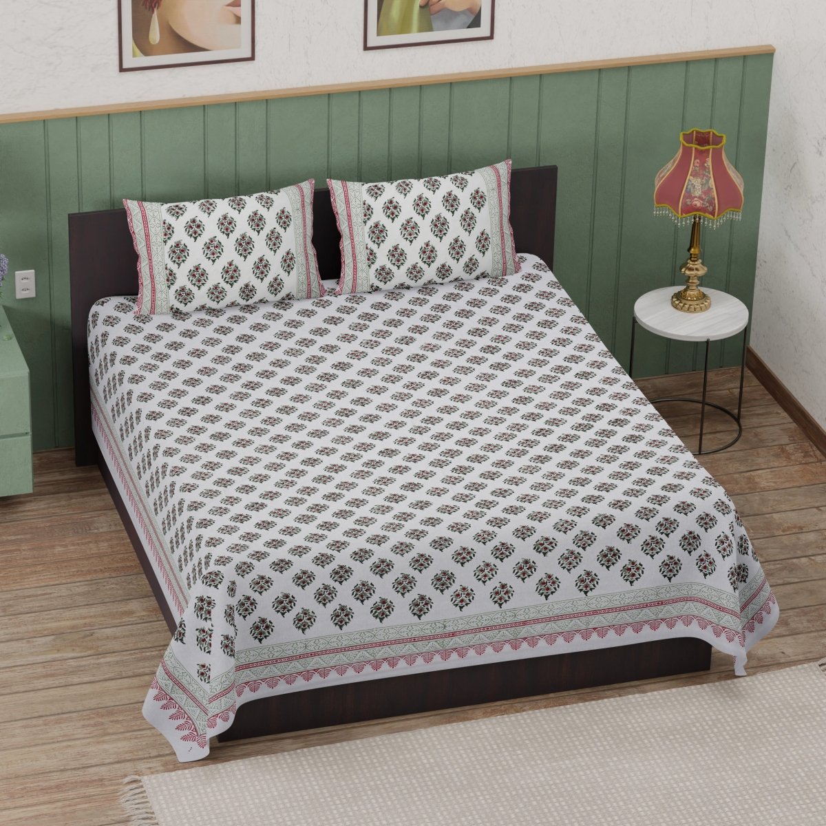 Hand Printed Jaipur Blooms Pattern pure cotton double bed sheets