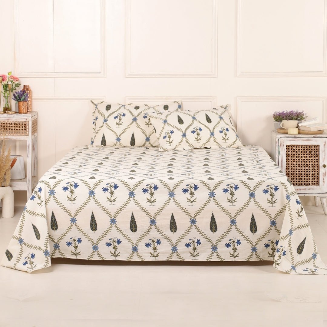 Pure Cotton Double Bedsheet Set With 2 Pillow Covers | Hand Printed In Cypress Blue | Handmade In India
