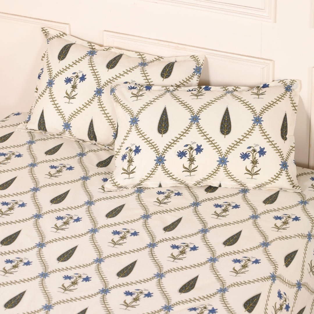Pure Cotton Double Bedsheet Set With 2 Pillow Covers | Hand Printed In Cypress Blue | Handmade In India