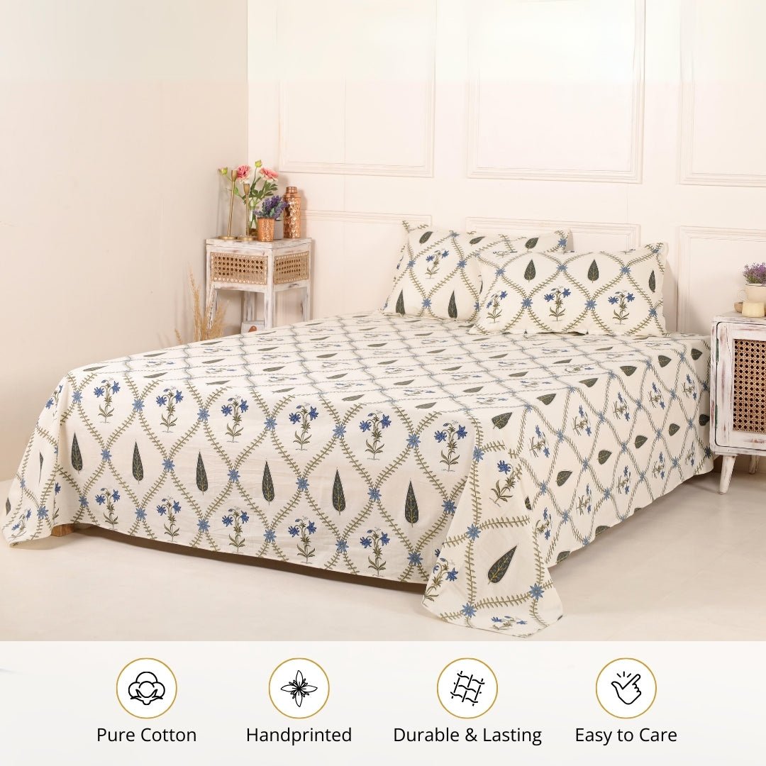 Pure Cotton Double Bedsheet Set With 2 Pillow Covers | Hand Printed In Cypress Blue | Handmade In India