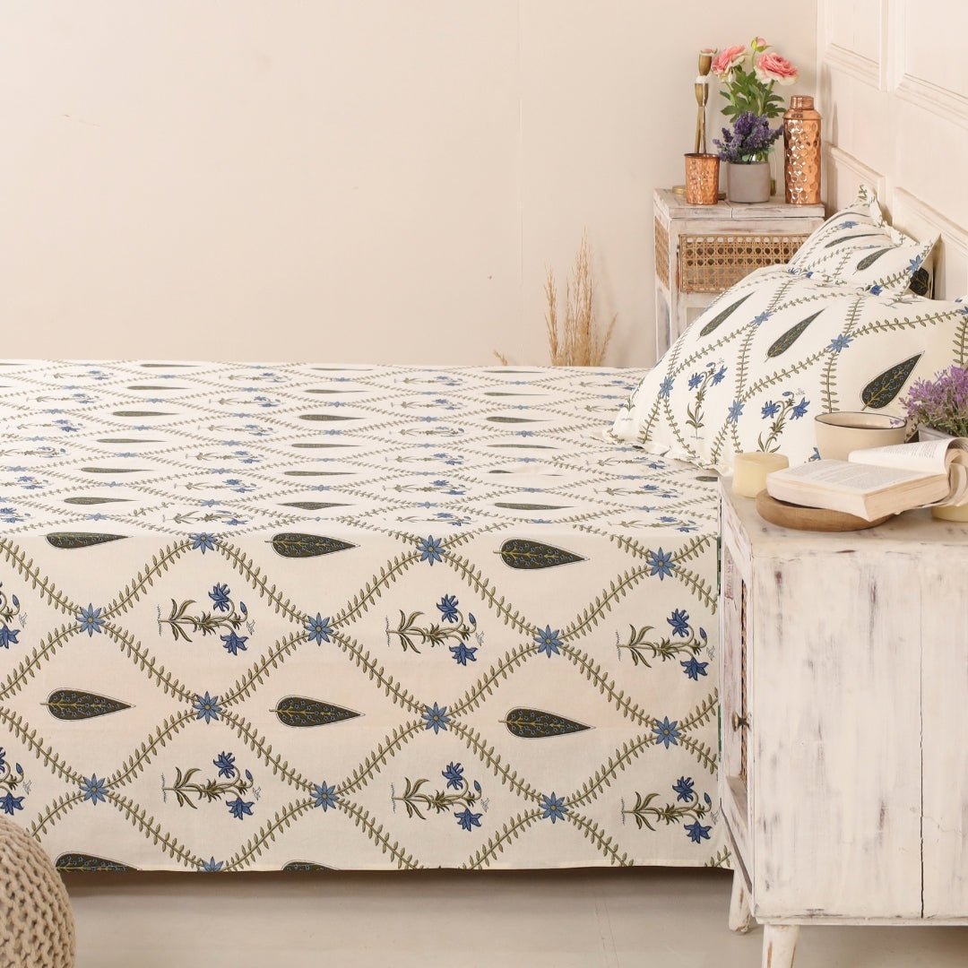 Pure Cotton Double Bedsheet Set With 2 Pillow Covers | Hand Printed In Cypress Blue | Handmade In India