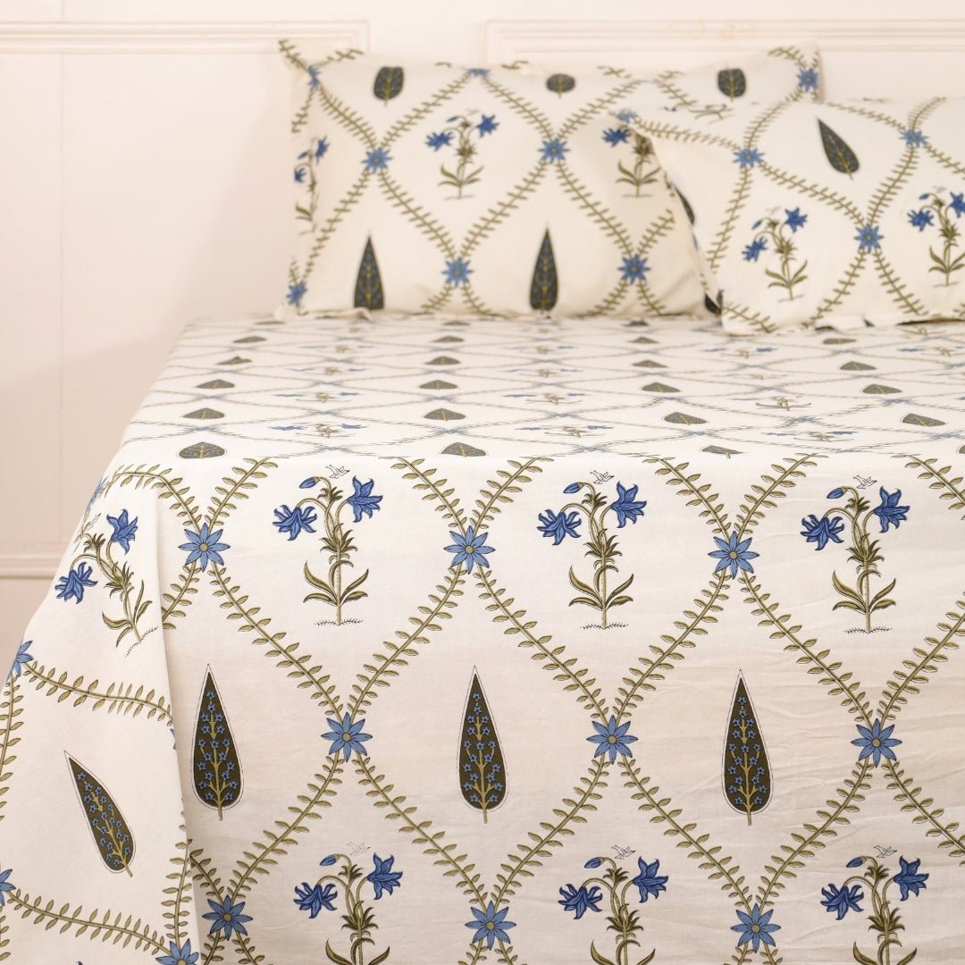 Pure Cotton Double Bedsheet Set With 2 Pillow Covers | Hand Printed In Cypress Blue | Handmade In India
