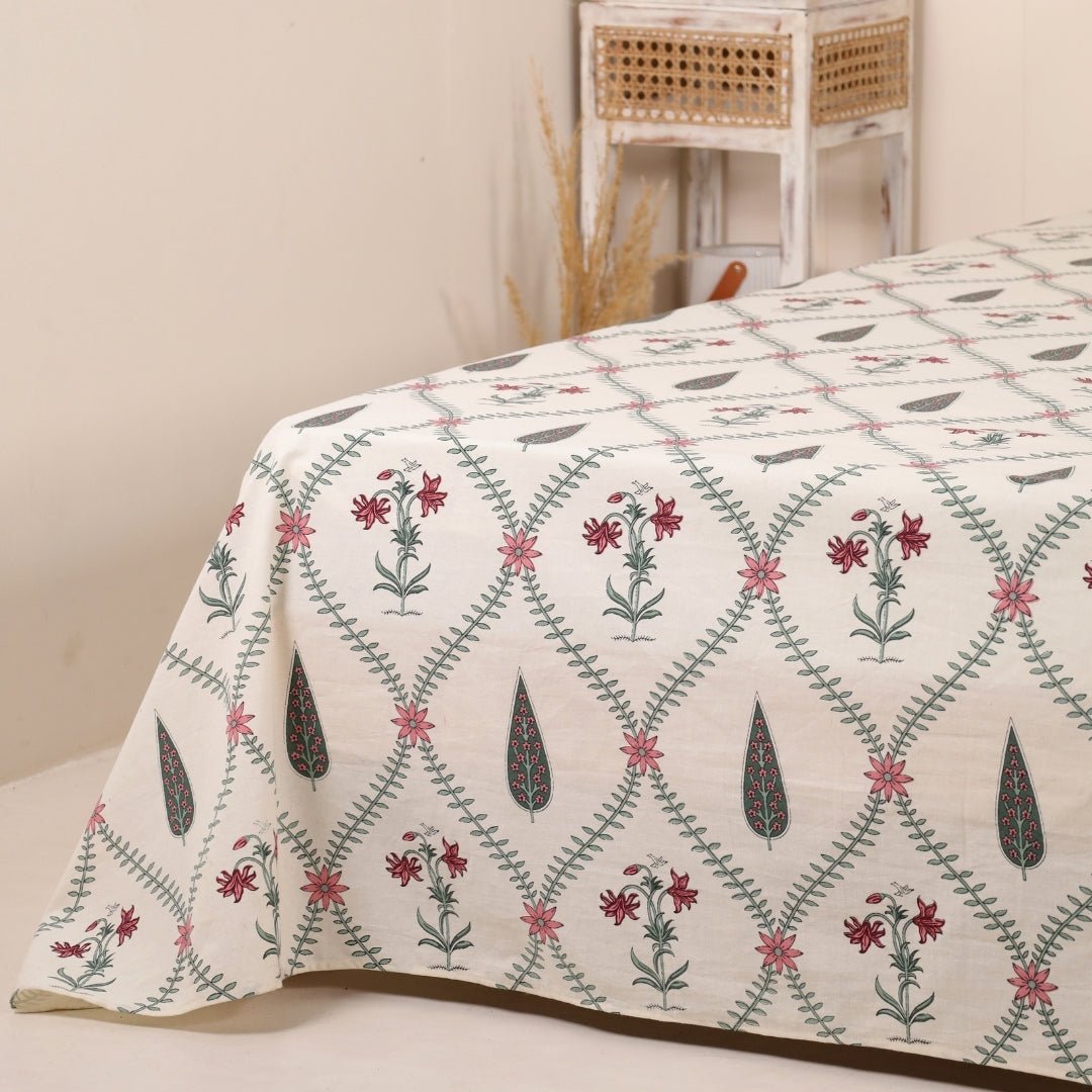 Pure Cotton Double Bedsheet Set With 2 Pillow Covers | Hand Printed In Cypress Pink | Handmade In India