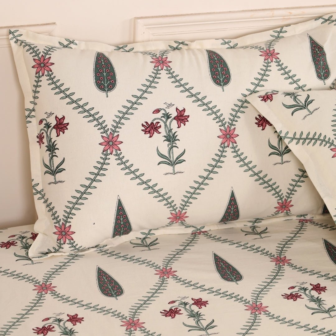 Pure Cotton Double Bedsheet Set With 2 Pillow Covers | Hand Printed In Cypress Pink | Handmade In India