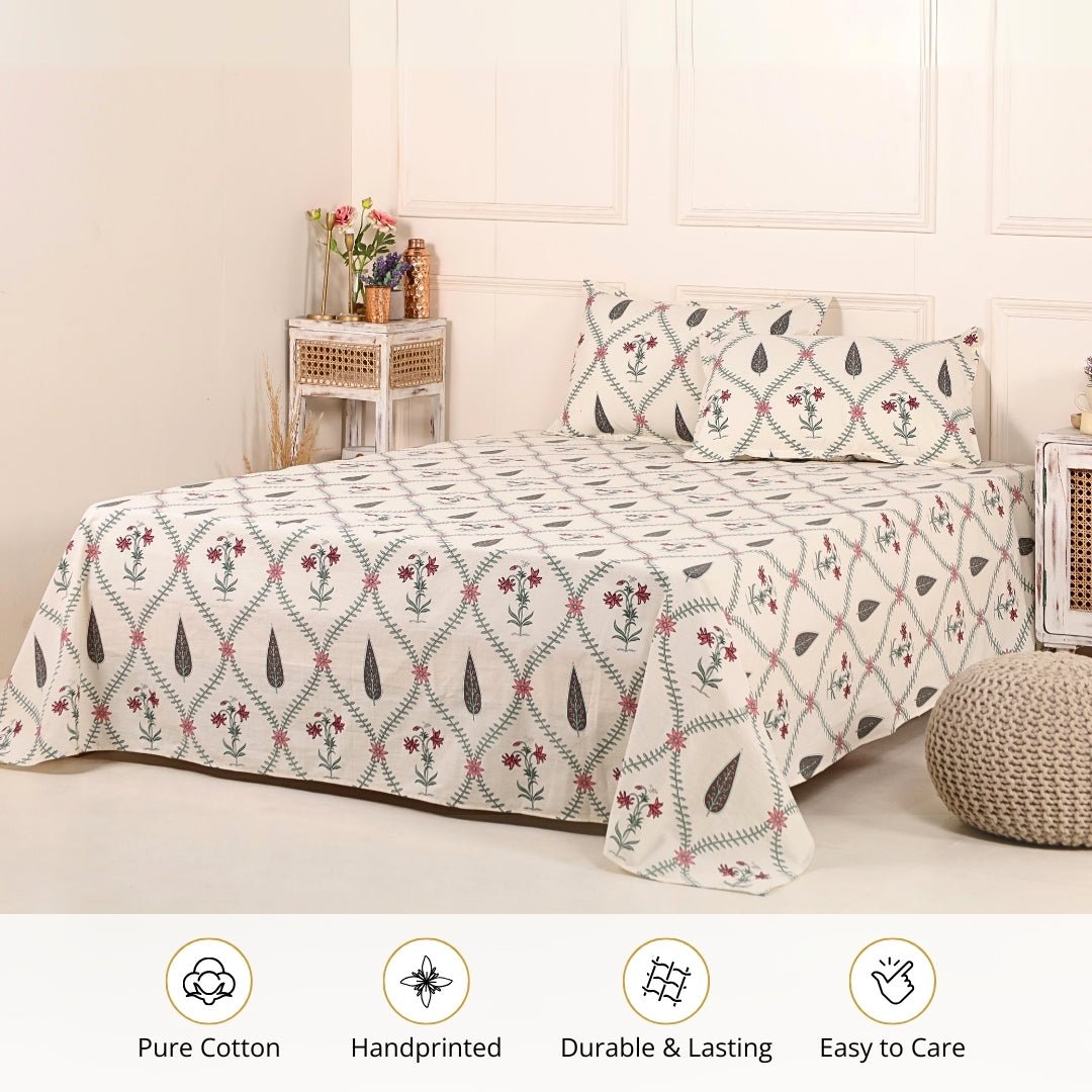 Pure Cotton Double Bedsheet Set With 2 Pillow Covers | Hand Printed In Cypress Pink | Handmade In India