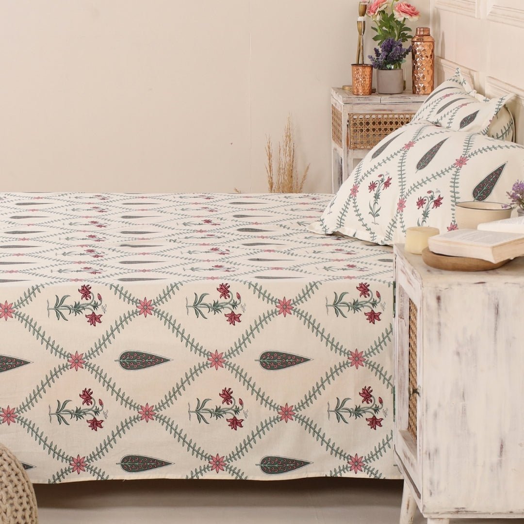 Pure Cotton Double Bedsheet Set With 2 Pillow Covers | Hand Printed In Cypress Pink | Handmade In India