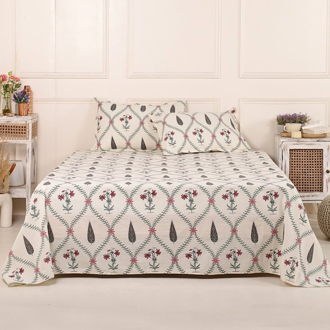 Pure Cotton Double Bedsheet Set With 2 Pillow Covers | Hand Printed In Cypress Pink | Handmade In India