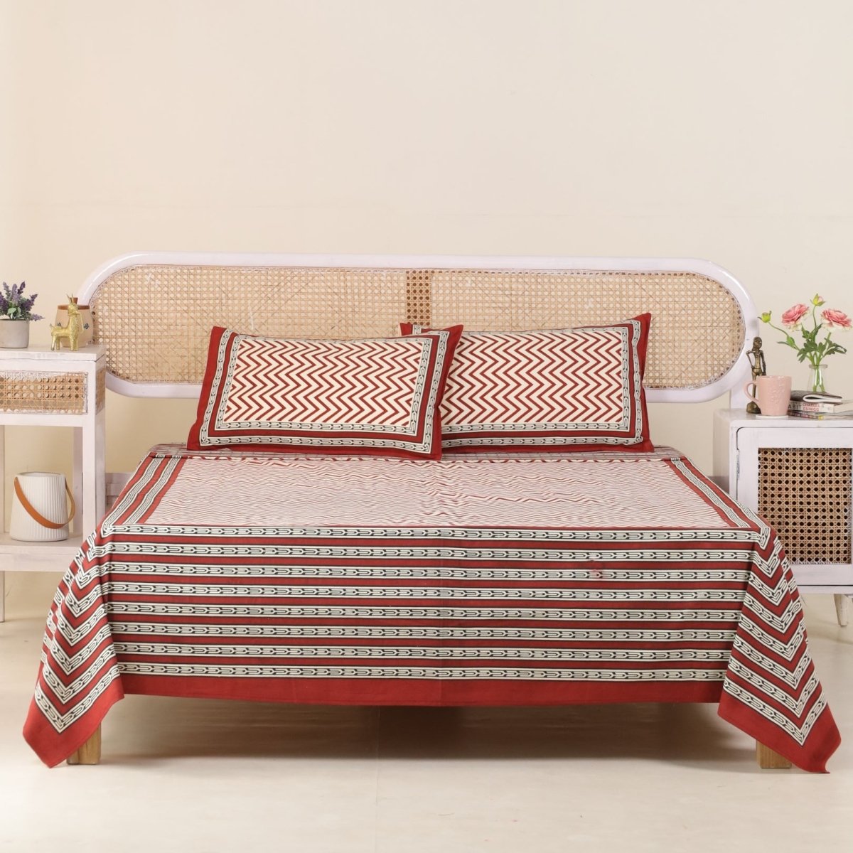 Pure Cotton Double Bedsheet Set With 2 Pillow Covers | Hand Printed In Maroon & Black | Handmade In India