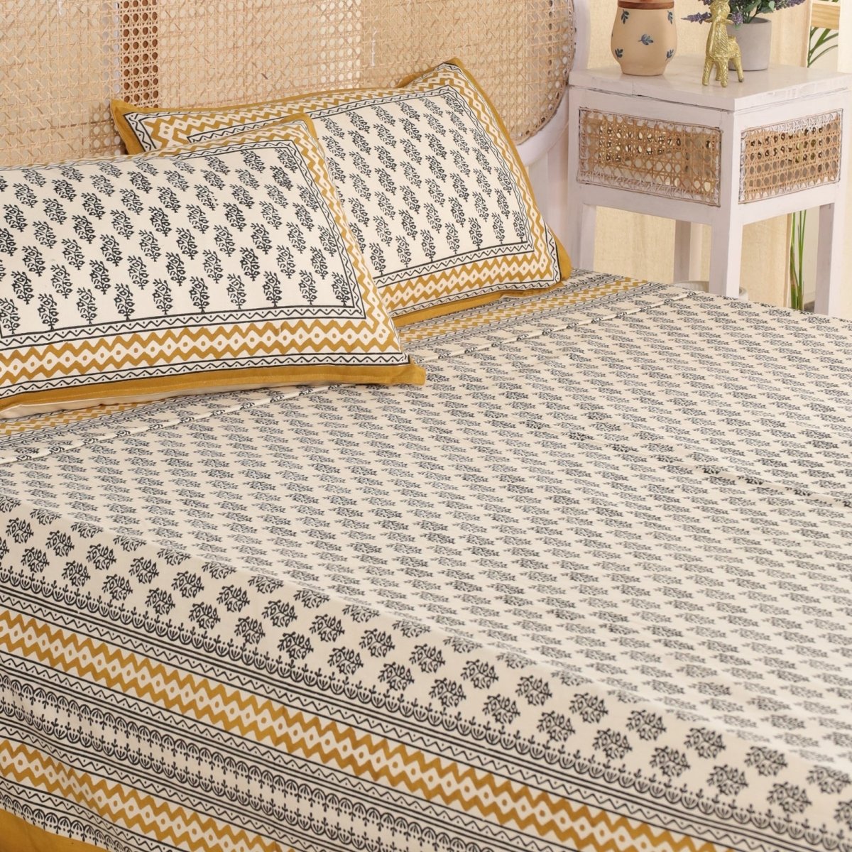 Pure Cotton Double Bedsheet Set With 2 Pillow Covers | Hand Printed In Mustard & Black Floral Print | Handmade In India