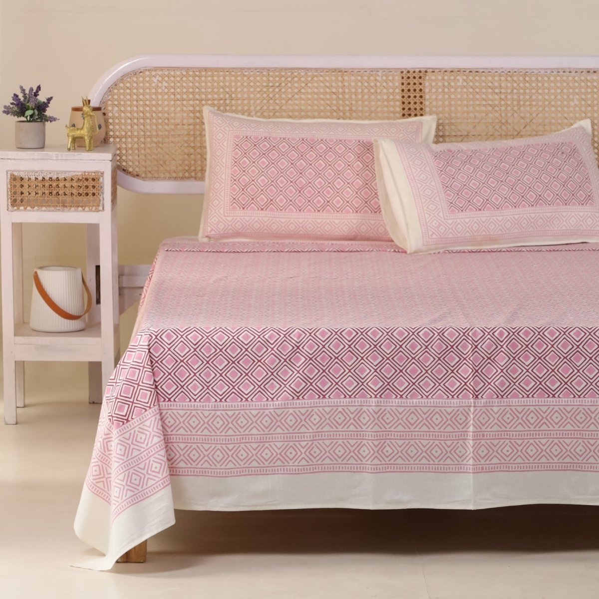 Pure Cotton Double Bedsheet Set With 2 Pillow Covers | Hand Printed In Pink & Beige | Handmade In India