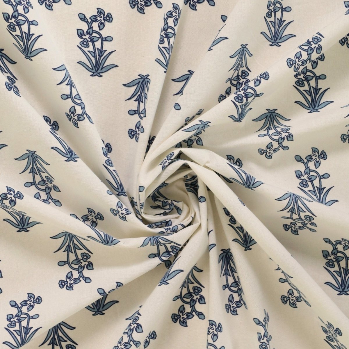 Pure Cotton Double Bedsheet Set With 2 Pillow Covers | King Size | Hand Printed With A Floral Print In Blue & White | Handmade In India