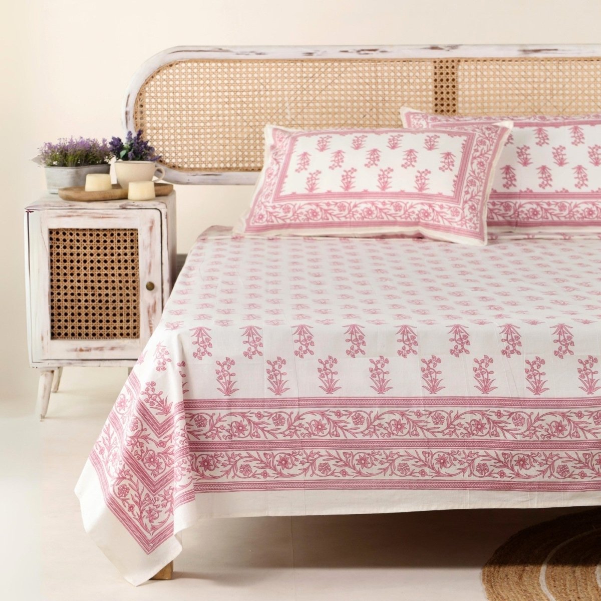 Pure Cotton Double Bedsheet Set With 2 Pillow Covers | King Size | Hand Printed With A Floral Print In Pink & White | Handmade In India