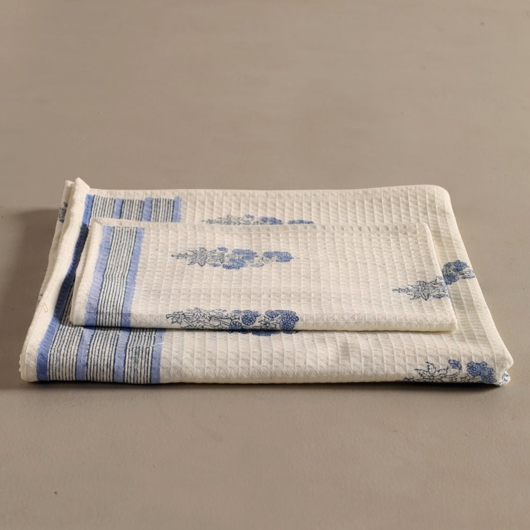 Pure Cotton Hand and Bath Towel Set | Hand Block Printed In Blue Floral Pattern | Handmade In India