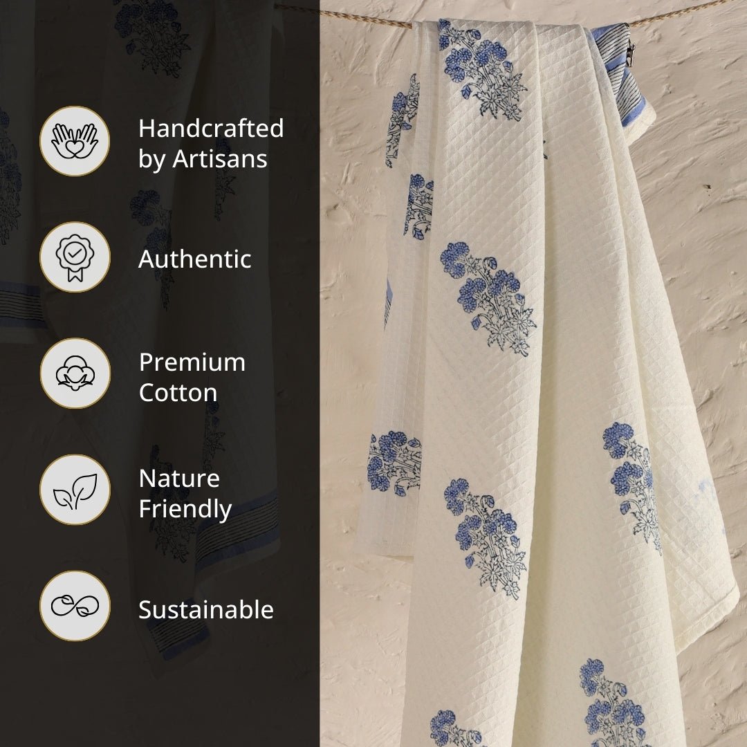 Pure Cotton Hand and Bath Towel Set | Hand Block Printed In Blue Floral Pattern | Handmade In India
