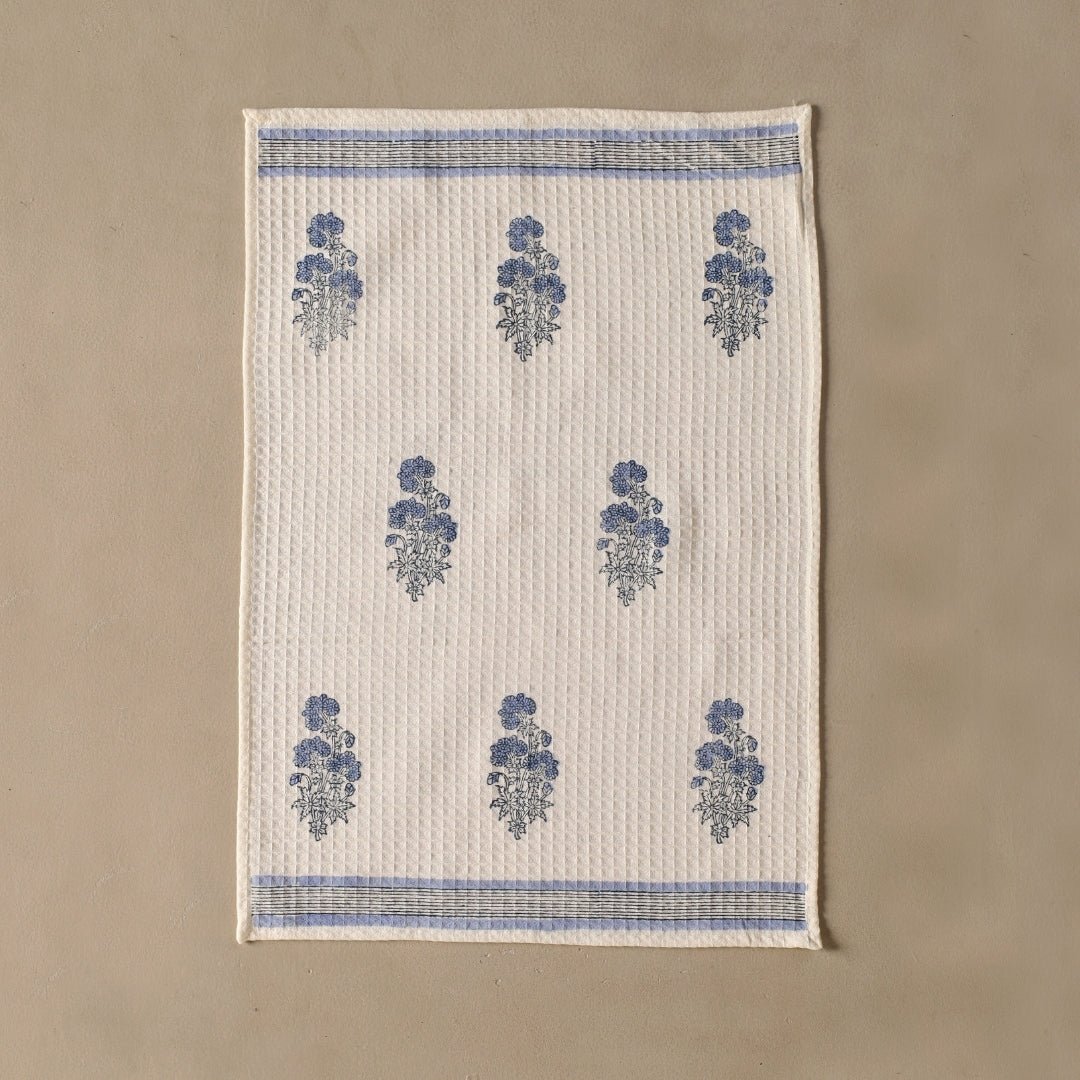 Pure Cotton Hand and Bath Towel Set | Hand Block Printed In Blue Floral Pattern | Handmade In India