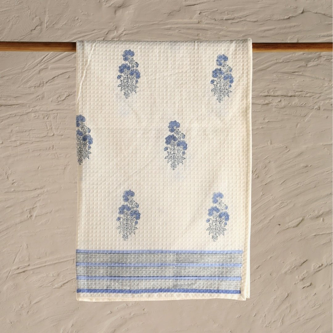 Pure Cotton Hand and Bath Towel Set | Hand Block Printed In Blue Floral Pattern | Handmade In India