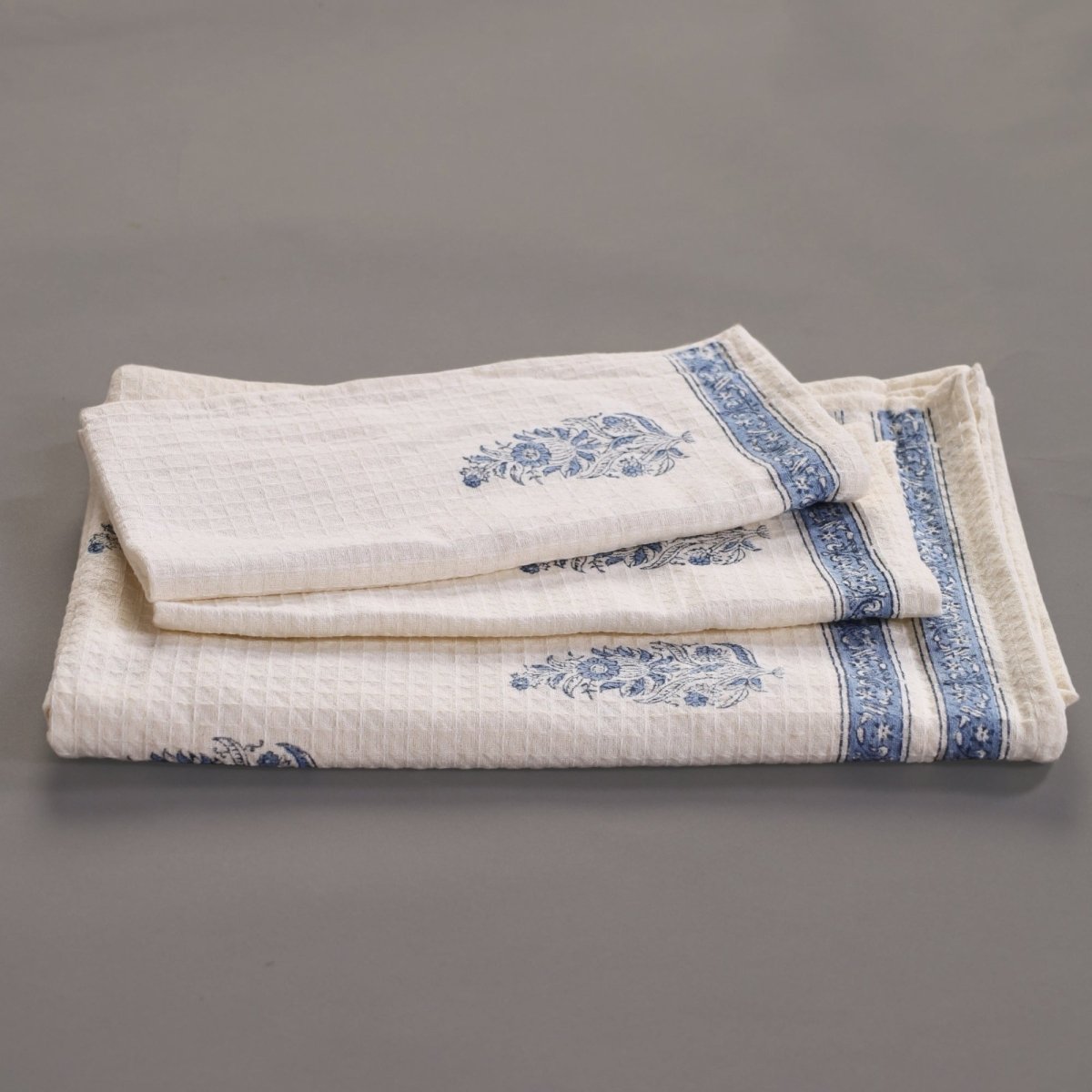 Pure Cotton Hand and Bath Towel Set | Hand Block Printed In Off White and Blue | Handmade in India