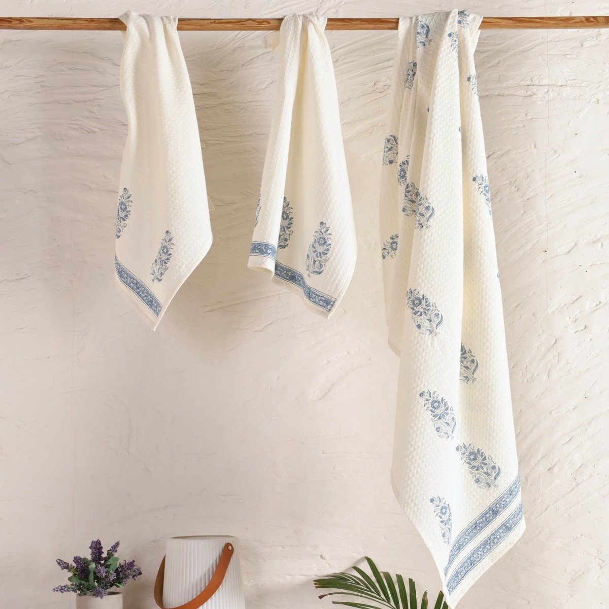 Pure Cotton Hand and Bath Towel Set | Hand Block Printed In Off White and Blue | Handmade in India