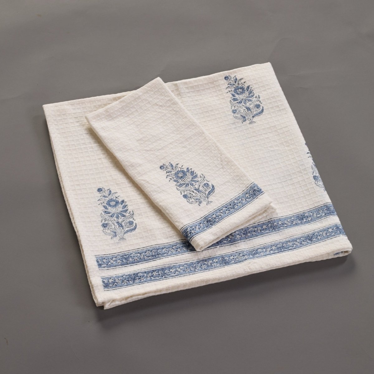 Pure Cotton Hand and Bath Towel Set | Hand Block Printed In Off White and Blue | Handmade in India