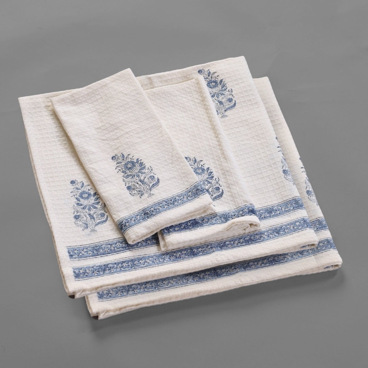 Pure Cotton Hand and Bath Towel Set | Hand Block Printed In Off White and Blue | Handmade in India