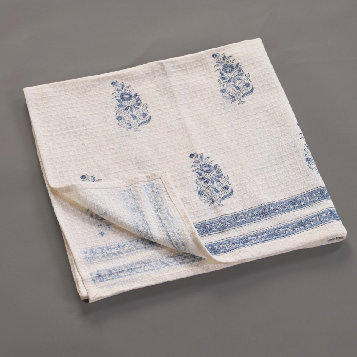 Pure Cotton Hand and Bath Towel Set | Hand Block Printed In Off White and Blue | Handmade in India