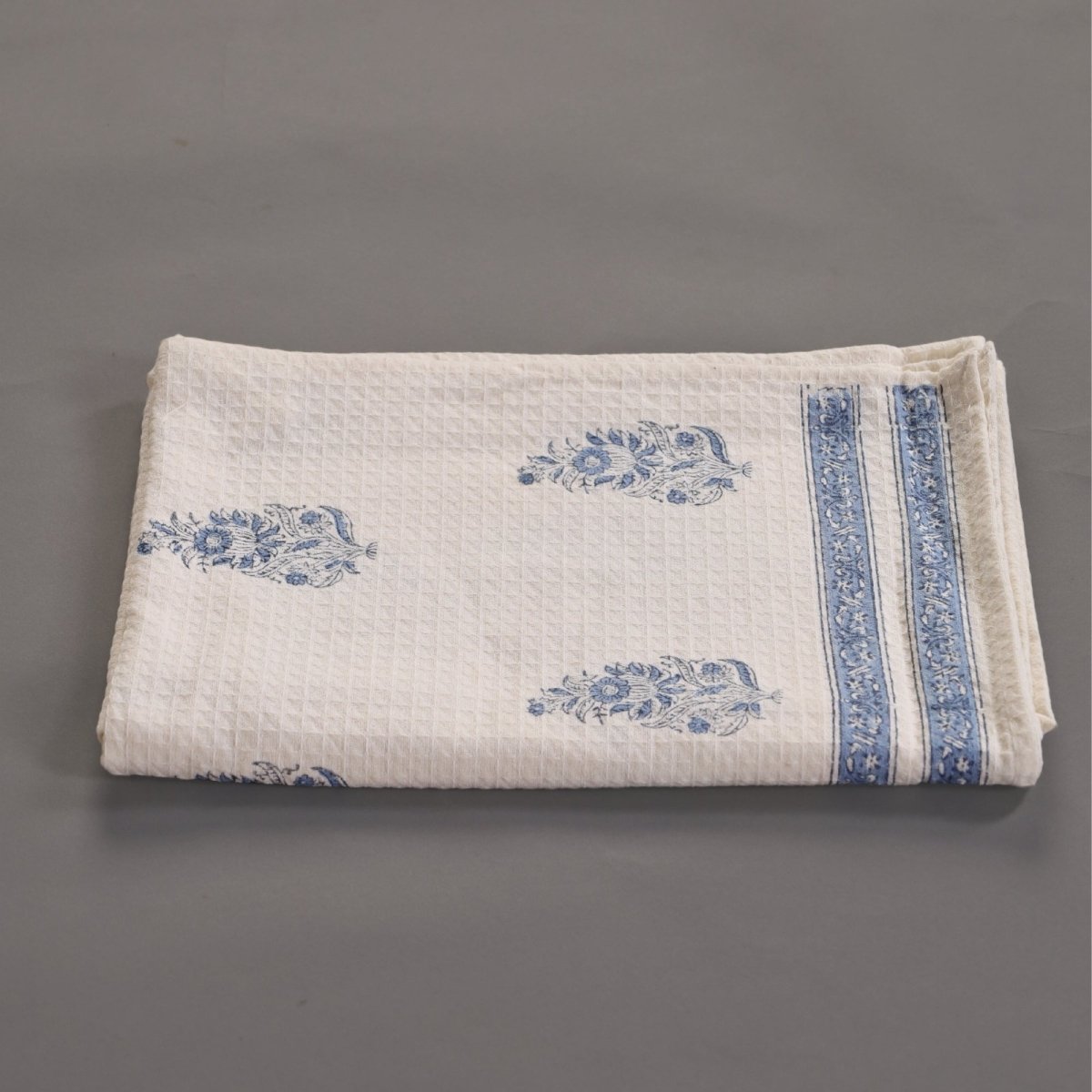 Pure Cotton Hand and Bath Towel Set | Hand Block Printed In Off White and Blue | Handmade in India