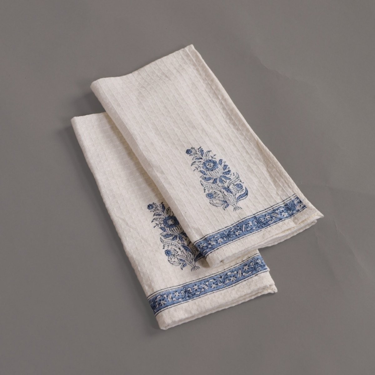 Pure Cotton Hand and Bath Towel Set | Hand Block Printed In Off White and Blue | Handmade in India