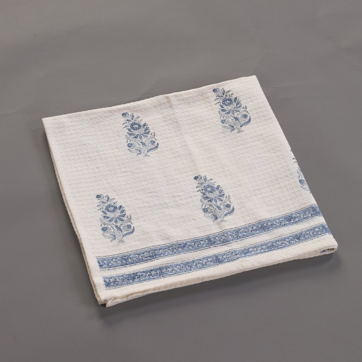 Pure Cotton Hand and Bath Towel Set | Hand Block Printed In Off White and Blue | Handmade in India