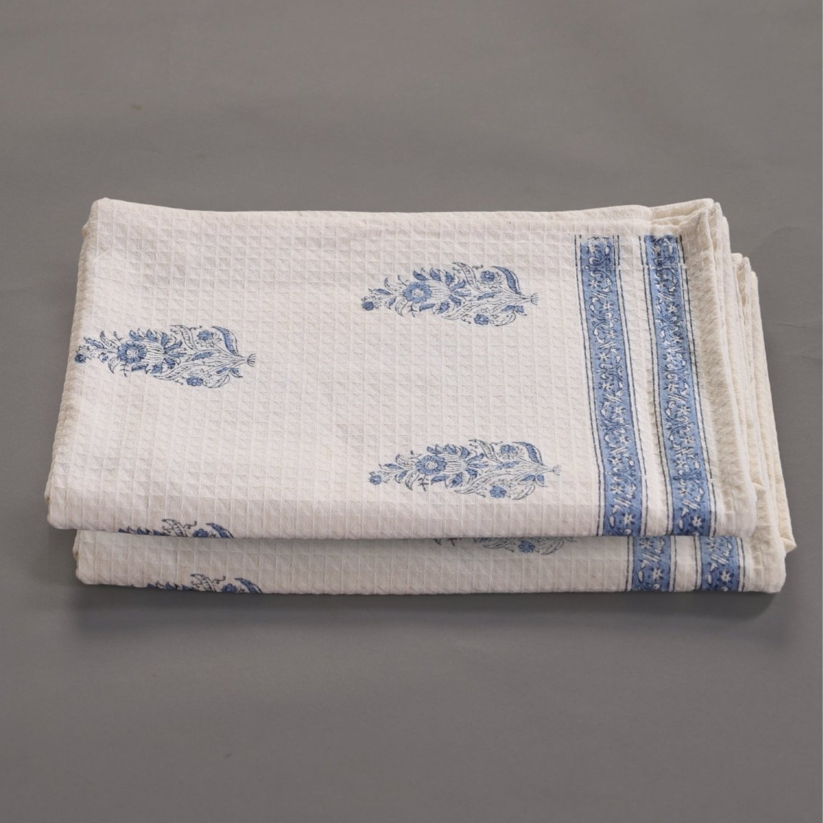 Pure Cotton Hand and Bath Towel Set | Hand Block Printed In Off White and Blue | Handmade in India