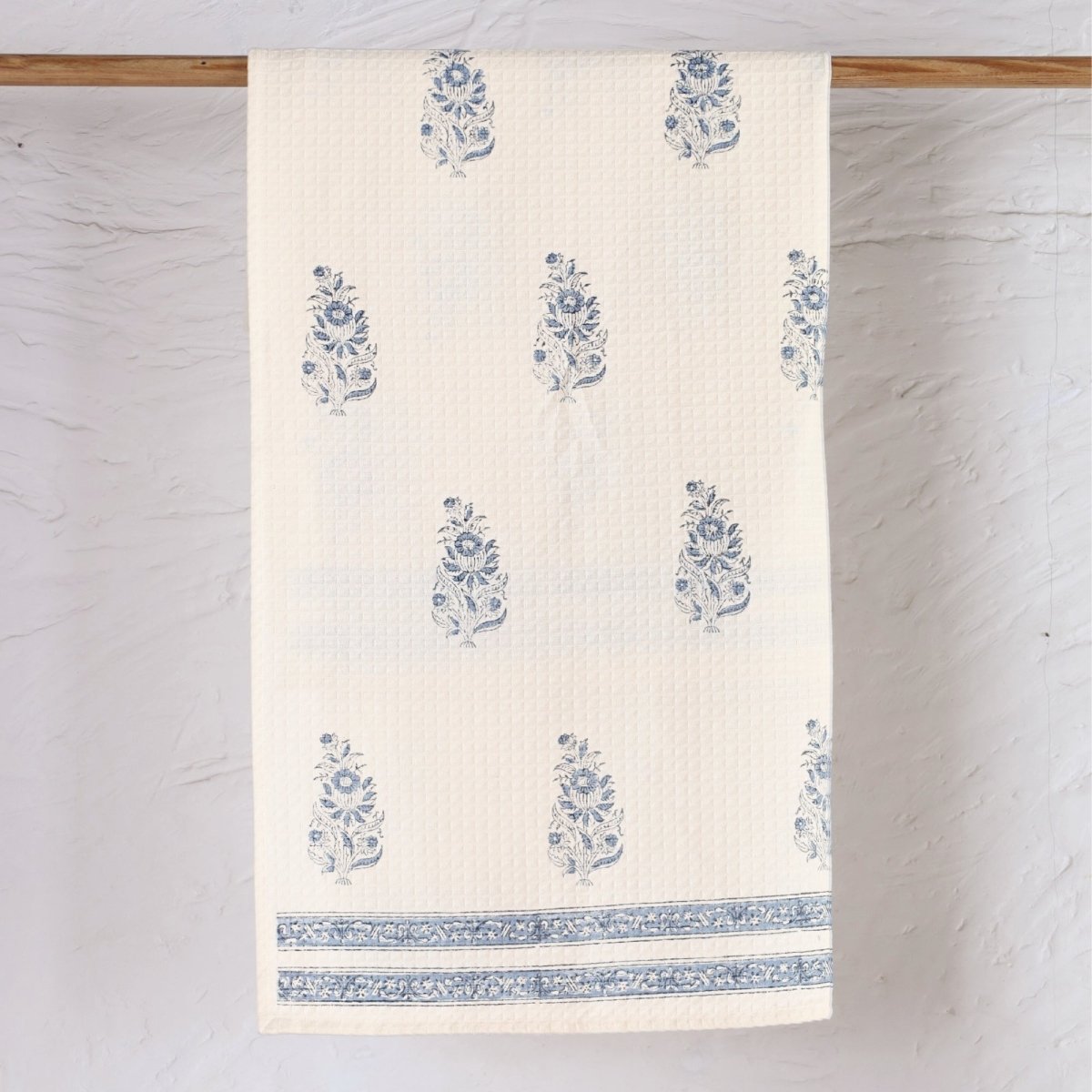 Pure Cotton Hand and Bath Towel Set | Hand Block Printed In Off White and Blue | Handmade in India