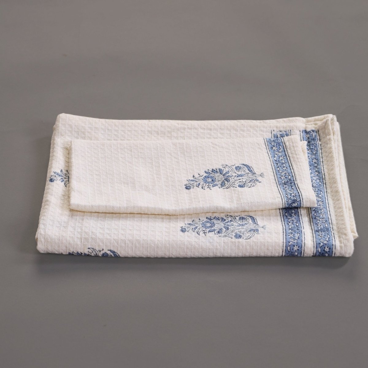 Pure Cotton Hand and Bath Towel Set | Hand Block Printed In Off White and Blue | Handmade in India