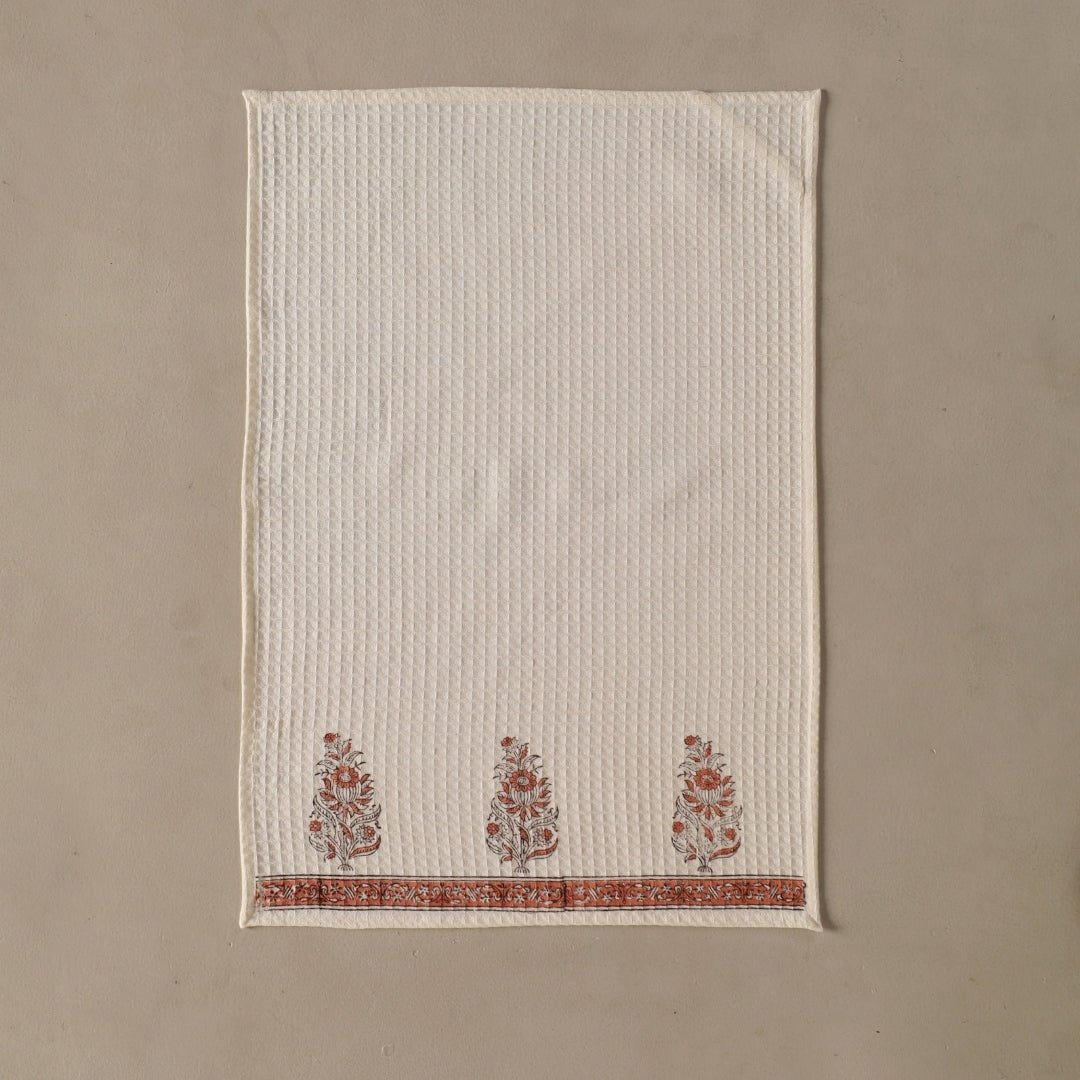 Pure Cotton Hand and Bath Towel Set | Hand Block Printed In Off-White And Peach | Handmade In India