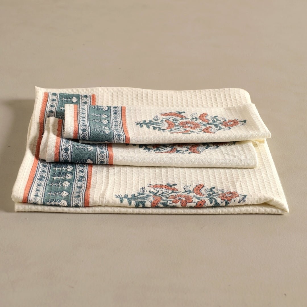 Pure Cotton Hand and Bath Towel Set | Hand Block Printed In Peach And Teal | Handmade In India (Copy)