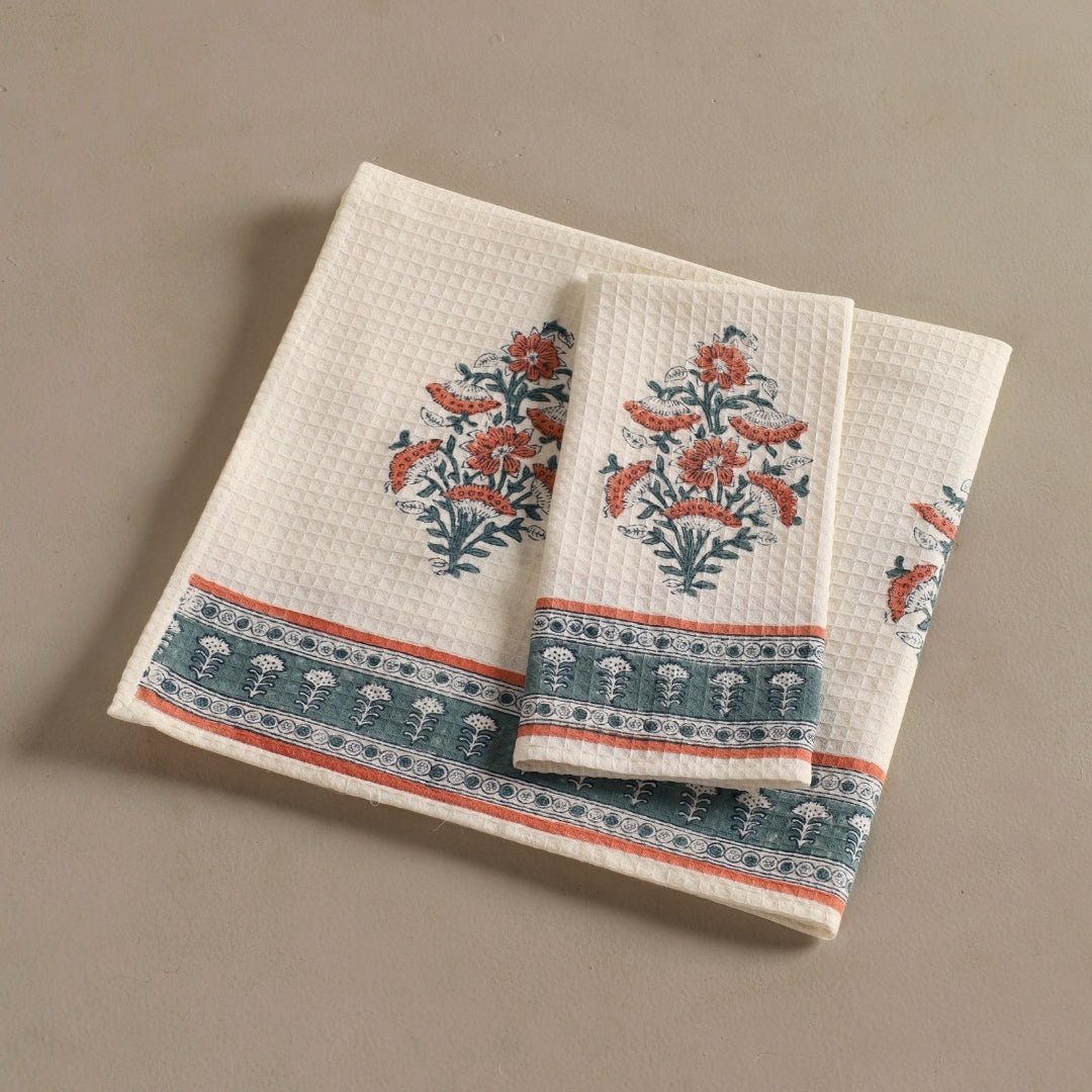 Pure Cotton Hand and Bath Towel Set | Hand Block Printed In Peach And Teal | Handmade In India (Copy)