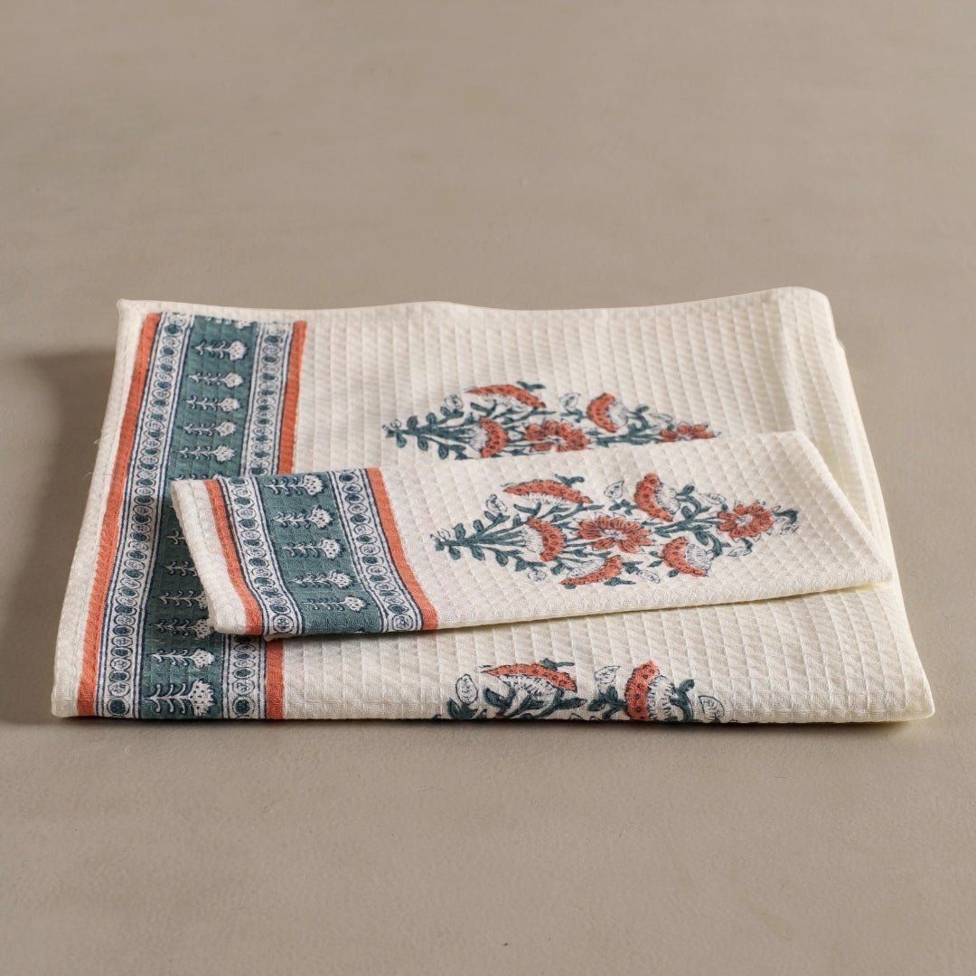 Pure Cotton Hand and Bath Towel Set | Hand Block Printed In Peach And Teal | Handmade In India (Copy)