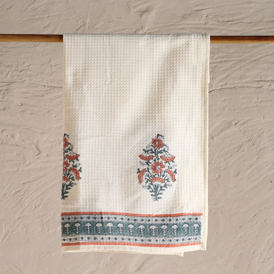 Pure Cotton Hand and Bath Towel Set | Hand Block Printed In Peach And Teal | Handmade In India (Copy)