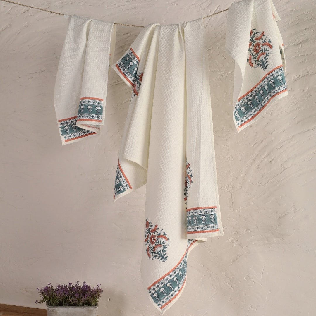 Pure Cotton Hand and Bath Towel Set | Hand Block Printed In Peach And Teal | Handmade In India (Copy)
